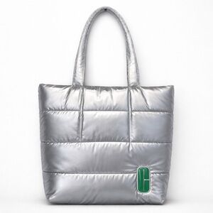 Clinique Metallic Silver Puffy Tote Bag Green Logo NWT